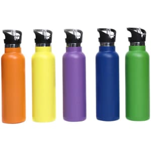 A drink bottle collection featuring orange, yellow, purple, blue, and green bottles with flip valve lids. Each has a logo.