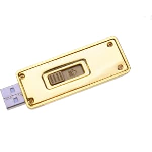 A gold USB flash drive with a metallic finish and a slider button, featuring a logo.