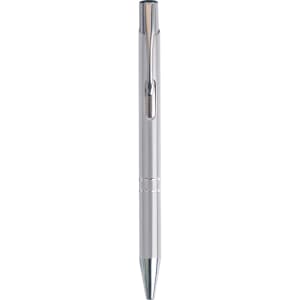 A silver aluminium click pen with a sleek design and a clip for easy attachment.