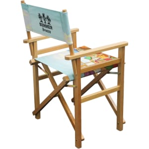 A wooden director's chair featuring a light blue seat with a design and a branded backrest.