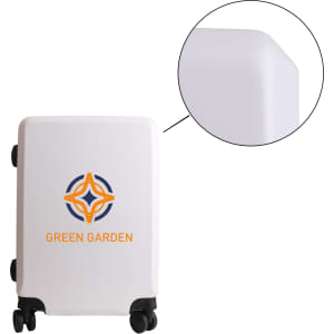 A white wheeled business suitcase with rounded corners and a logo on the front.