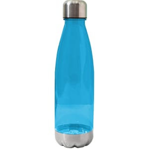 A drink bottle in bright blue with a stainless steel base and top, featuring a sleek, translucent design and a logo.
