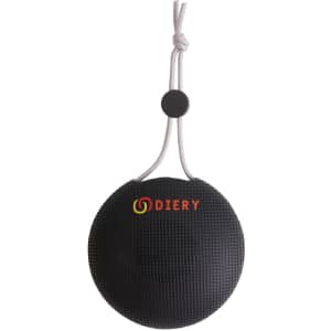 A black portable waterproof Bluetooth speaker with a hanging cord, featuring a logo.