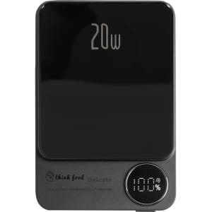 A black 10000mAh magnetic wireless power bank with a digital percentage display and a logo.