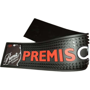 Moulded PVC bar runner in black with a textured surface and a prominent red logo, featuring a branding label.