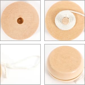 A wooden yoyo in a natural finish, featuring a white string. Multiple views showcase its rounded shape and smooth surface.