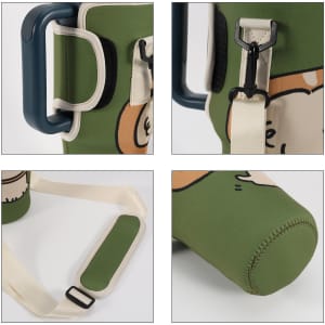 A drink bottle carrier bag in green with a strap and a clip, featuring a playful design and a handle.