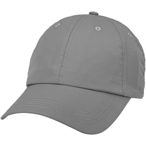 A lightweight cap in grey with contrasting stitching and a rounded crown, featuring ventilation eyelets and a logo.
