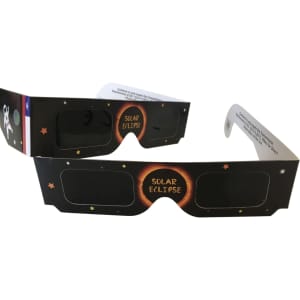 Custom solar eclipse glasses in black with a starry design and a protective viewing filter. Features a logo on the side.