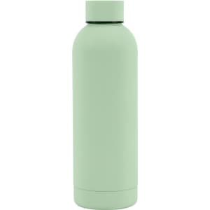 A drink bottle in a soft mint green colour with a rubber-coated finish and a double wall design. Features a logo.