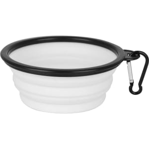 A collapsible silicon bowl in white with a black rim, featuring a carabiner attachment.