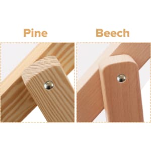 Close-up of two wooden frames displaying pine on the left and beech on the right, highlighting their textures and styles.