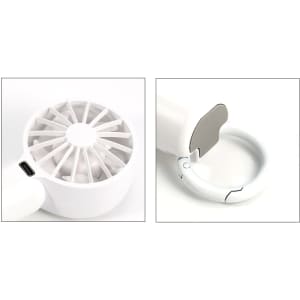 A white portable handheld fan with a circular grille and a hook attachment for easy carrying.