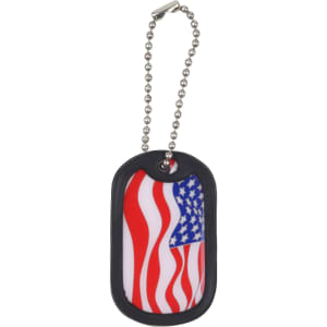 A dog tag with a rubber silencer features a design of the American flag, attached to a metal chain.