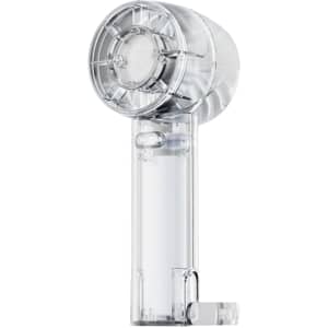 A transparent cooling fan with a clear casing and round head, designed for portable use.