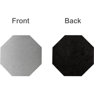 An octagonal metal coaster with a shiny silver front and a matte black back. Features branding on one side.