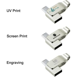 A metal flash drive with a pivot design, featuring multiple printing options and a logo.