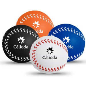 A set of four baseball-shaped stress relievers in black, orange, blue, and white, featuring a logo.