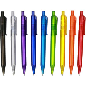 A selection of transparent barrel pens in black, purple, green, yellow, orange, and clear colours, displayed in a row.
