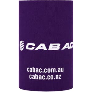 A purple stubby holder with a logo, designed to fit standard drink bottles.