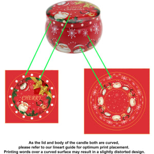 A red tin candle featuring festive cherry and Christmas-themed designs, complete with a curved lid and body.