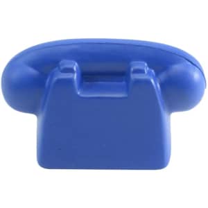 A blue, classic phone-shaped stress reliever with a simple design and a logo on the surface.