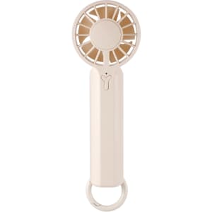 A portable handheld fan in cream colour with a circular blade design and a hook for easy carrying.