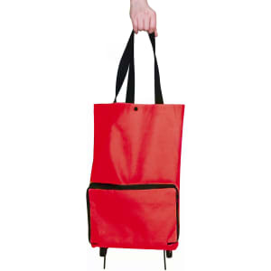 A red collapsible shopping trolley bag with a black trim and handles, featuring a front pocket and wheels.