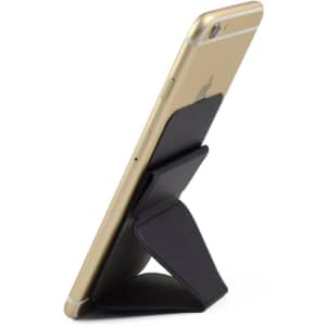 A black PU phone stand card holder on a gold smartphone, displaying a sleek design suitable for phone wallets.