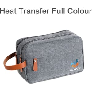 A grey toiletry bag with a leather strap and a logo on the front. It features a zip closure and a simple design.