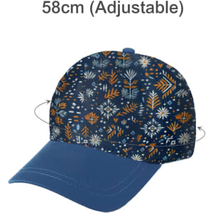 A navy and blue 5-panel cap featuring a floral pattern, with an adjustable size of 58cm and a visible logo.