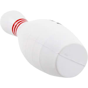 A white bowling pin-shaped stress reliever with red stripes, featuring a logo on one side.