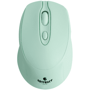 A wireless mouse in a soft mint green colour with a logo on the base. The design features a scroll wheel and buttons.