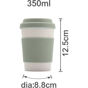A bamboo fibre coffee cup in cream with a light green silicone lid and grip, measuring 350ml.