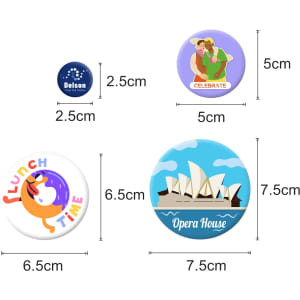 A variety of button badges in different sizes, featuring vibrant designs and colours, including a donut and a famous building.
