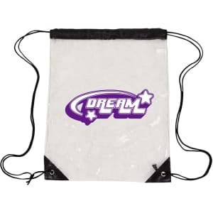 A clear PVC drawstring bag with black corners and a purple logo. The bag features adjustable drawstrings.