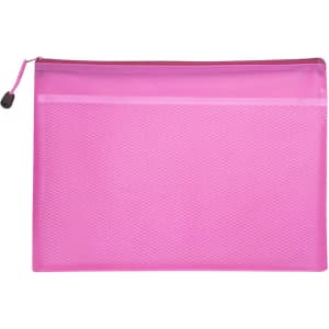 A pink A5 zippered pouch bag with a mesh texture and a contrasting zipper.