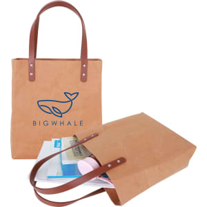 A washable kraft paper bag in brown with a brown PU handle, containing various items like papers and a drink bottle.
