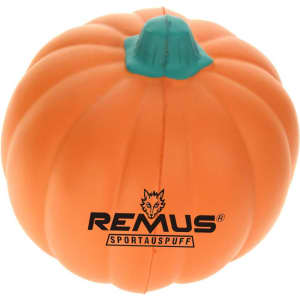 An orange pumpkin-shaped stress reliever with a green stem and a branding logo on the surface.