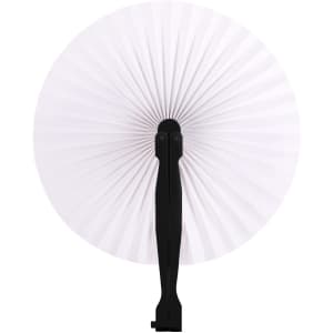 A round plastic paper fan with a white pleated design and a black handle. It features a logo on the handle.