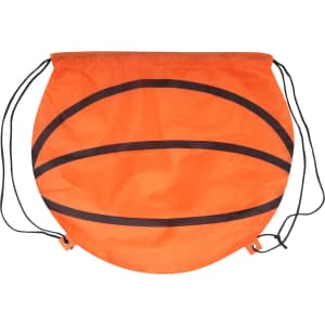 An orange ball-shaped drawstring backpack with black lines, featuring a logo.