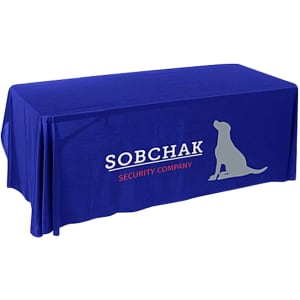 A blue 3-sided throw table cloth for an 8ft table featuring a logo.