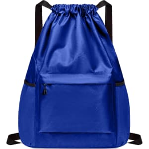 A blue multi-pocket drawstring backpack with a front zip pocket and black straps. It has a textured surface.