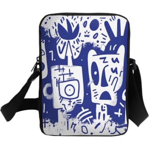 A blue sublimation cross body bag featuring abstract white designs and a shoulder strap. It has a logo.