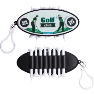 A golf tee set featuring white tees and a black holder, complete with a logo and a clip for easy attachment.