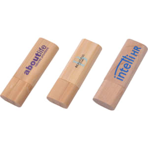 Three rounded wooden flash drives in natural wood colour with different logos printed on them.