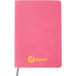 A5 PU cover notebook in pink with a logo on the front and a silver ribbon bookmark.