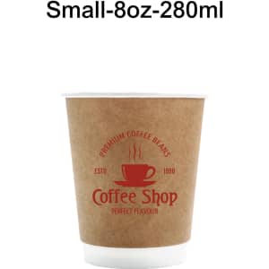 A kraft paper cup with a double wall design, featuring a red logo and text, suitable for hot beverages.