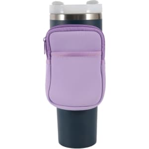 A drink bottle pouch in lavender for Stanley, featuring a zippered pocket on the side for added convenience.