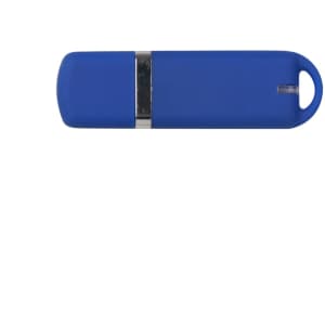 A blue flash drive with a silver band and a keyring hole for easy attachment.